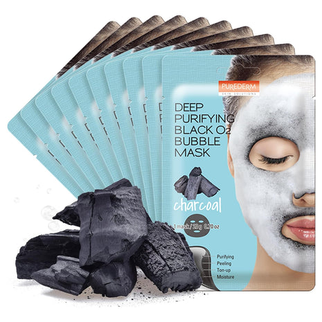 Purederm Charcoal Bubble Face Mask, Deep Cleansing and Purifying for Pore Minimizing and Detox, Korean Skincare for Combination and Oily Skin (10 Pack)