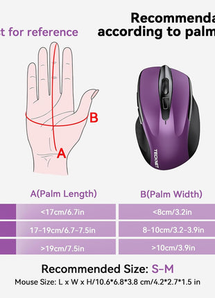 TECKNET Wireless Mouse, 2.4G Ergonomic Computer Mouse, 2600 DPI, Purple | Ergonomic Design with Side Grips, Adjustable DPI, 2-Year Battery, Compact Size, USB-A Plug & Play, Wide OS Compatibility