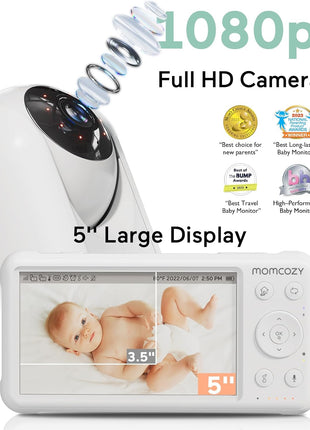 Momcozy Baby Monitor with 2 Cameras 5'' 1080P Split Screen Video Baby Monitor with Camera and Audio no WiFi for Baby Safety 5000mAh Battery Infrared Night Vision 2-Way Audio 960ft Range Ideal Gift