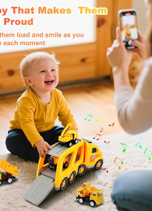 Construction Truck Toys for Toddler 3-4: 5-in-1 Vehicles with Sound Lights | 13 inch Big Carrier 4 Mini Truck - Great for Little Boys Daily Repeat Play - Ideal Christmas Birthday Gifts for Boy Grandkids