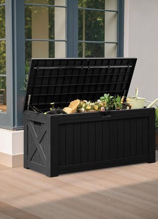 Flamaker Resin Deck Box 120 Gallon Waterproof Large Outdoor Indoor Storage Box Imitation Wood Resin for Patio Furniture Garden Tools and Pool (Black)