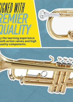 Mendini By Cecilio Bb Standard Trumpet Set for Beginners   Brass Student Trumpet Instrument with Hard Case, 7C Mouthpiece, Valve Oil, Cleaning Cloth, Gloves (Gold)