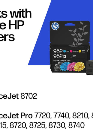 HP Original 952 Cyan, Magenta, Yellow / 952XL Black Ink Cartridges (4-Pack) | Works OfficeJet 8702 OfficeJet Pro 7700, 8210, 8700 Series | Eligible for Instant Ink | N9K28AN