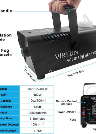 Fog Machine, Smoke Machine with Remote Control for Halloween, Party | Wireless&Wired Remote Control, for Halloween, Party, Outdoor, Indoor and Stage Effect, 400W