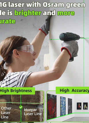 Huepar Laser Level, 100Ft Self Leveling Green Cross Line Laser for Picture Hanging, Tile, Decoration & DIY Construction – 360° Magnetic Base & AA Battery, Indoor Use