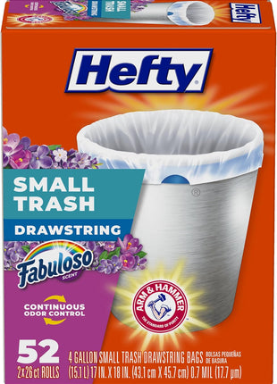Hefty 4 Gallon Small Trash Bags, White, Fabuloso Lavender Scent, 52ct | Drawstring Closure, 4G Small White Trash Bags for Bathrooms, Dorm Rooms, Home Offices, Scented, Continuous Odor Control