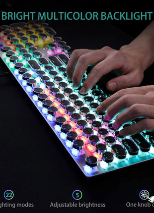 AULA F2088 Typewriter Style Mechanical Gaming Keyboard Wired,Blue Switches,Rainbow LED Backlit,Removable Wrist Rest,Media Control Knob,Retro Punk Round Keycaps,USB Wired Computer Keyboard