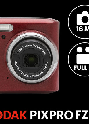 KODAK PIXPRO Friendly Zoom FZ45-RD 16MP Digital Camera with 4X Optical Zoom 27mm Wide Angle and 2.7 inch LCD Screen (Red)