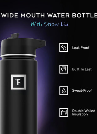 IRON °FLASK Camping & Hiking Hydration Flask with Straw, Wide Mouth Insulated Stainless Steel Sports Water Bottle - Midnight Black 24 oz - Straw (1 Lid)