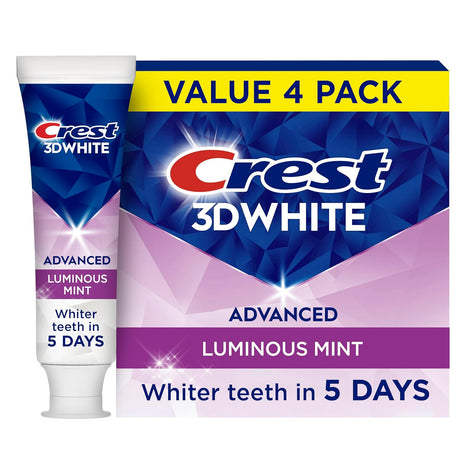 Crest 3D White Advanced, Teeth Whitening Toothpaste for Adults, 3.7 oz, 4 Pack, Cavity Protection Fluoride Toothpaste, Strengthens Enamel, Travel Size Toiletries