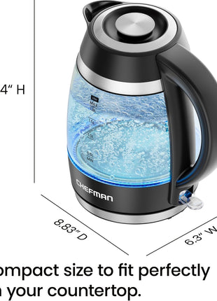 Chefman Electric Kettle, 1.8L 1500W, Hot Water Boiler, Removable Lid for Easy Cleaning, Auto Shut Off, Boil Dry Protection, Stainless Steel Filter, BPA Free, Borosilicate Glass Electric Tea Kettle