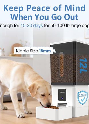12L Large Dog Automatic Feeder with HD Camera: 50 Cups/20-Day Food Capacity | Easy Setup Timed Dog Feeder for Travel & Business Trips, Anti-Clog for 2-18mm Large Kibble
