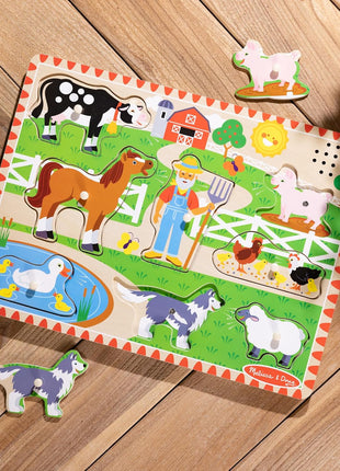 Melissa & Doug Old MacDonald's Farm Song Puzzle – 8-Piece Wooden Peg Puzzle with Light-Activated Sounds, Music Learning Toy for Toddlers and Preschoolers Ages 2+