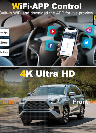 Dash Camera, 4K/1080p Dash Camera Front and Rear, Built-in 5GWiFi, Dash Cam with 64GB SD Card, Full HD 2.0" IPS Screen, for App Control, G-Sensor, Loop Recording, and Parking Mode