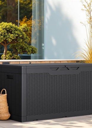 Greesum 100 Gallon Resin Deck Box Lockable Large Outdoor Storage Boxes for Garden Tools, Patio Furniture Cushions, Pool Supplies, Black