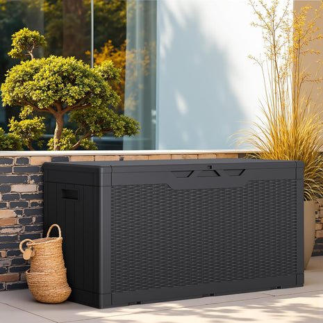 Greesum 100 Gallon Resin Deck Box Lockable Large Outdoor Storage Boxes for Garden Tools, Patio Furniture Cushions, Pool Supplies, Black