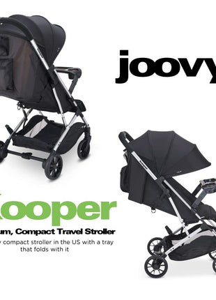Joovy Kooper Lightweight Baby Stroller Featuring Removable, Swing-Open Tray, Big Wheels, Reclining Seat with Footrest, Extra-Large Retractable Canopy, and Compact Fold (Black) | Joovy Kooper Lightweight Baby Stroller With Swing-Open Tray, Black