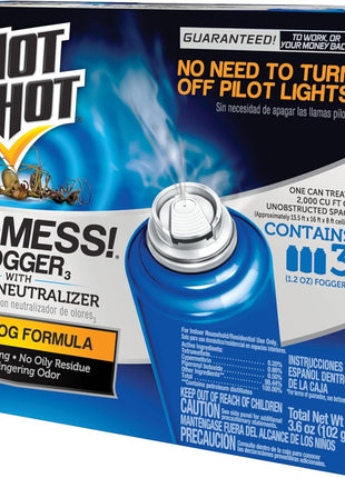 Hot Shot No-Mess! Fogger With Odor Neutralizer 3 Count-1.2 Ounce Cans, Kills Hidden Bugs, No Need To Turn Off Pilot Lights