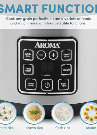 AROMA Digital Rice Cooker, 4-Cup (Uncooked) / 8-Cup (Cooked), Steamer, Grain Cooker, Multicooker, 2 Qt, Stainless Steel Exterior, ARC-914SBD
