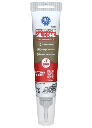 GE Advanced Silicone Caulk for Kitchen & Bathroom, Clear, 2.8 fl oz Tube, 1 Pack - 100% Waterproof Silicone Sealant, 5X Stronger Adhesion, Shrink & Crack Proof