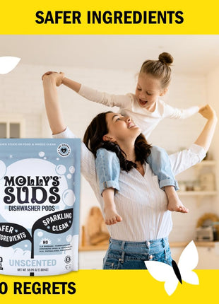 Molly's Suds Dishwasher Pods | Clean Dishwasher Detergent, Cuts Grease & Rinses Clean (Residue-Free) for Sparkling Dishes | 60 Auto-Release Tabs (Unscented)