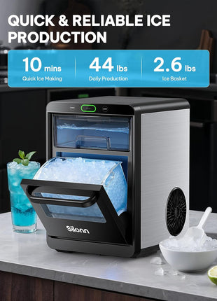 Silonn Nugget Ice Maker Countertop, Crushed Ice Maker & Pebble Ice Machine Produces 44lbs/24h with Front Pull-Out Water Tank & Removable Basket for Home/Kitchen, Stainless Steel