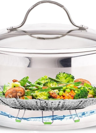 Consevisen Vegetable Steamer Basket for Cooking Food, Stainless Steel Veggie Steam Basket for Pot, Folding Expandable Steaming Insert with Extendable Handle Fits Various Size Pot, 5.1 inch to 9 inch