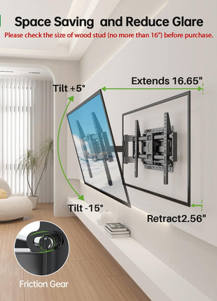 USX Mount Full Motion TV Wall Mount for Most 42-90 inch Flat Screen/LED/4K, TV Mount Bracket Dual Swivel Articulating Tilt 6 Arms, Max 16" Wood Studs, VESA 600x400mm, Holds up to 132lbs