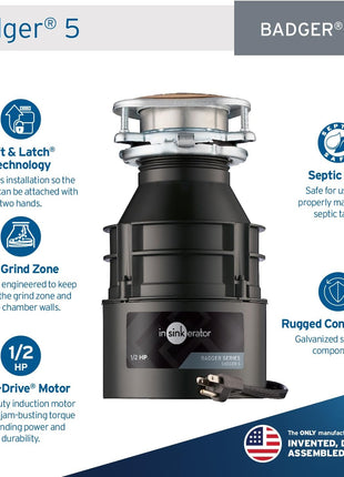 InSinkErator Badger 5 Garbage Disposal with Power Cord, Standard Series 1/2 HP Continuous Feed Food Waste Disposer, Badger 5 W/C, No Size, Black/Gray