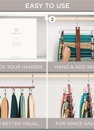 MORALVE Skirt Hangers Space Saving with Clips - 2 Pack - European Beechwood 5-Tier Hanger for Shorts, Skirts, and Pants - Closet Organizer and Storage Solution for Women with 360° Swivel Hook
