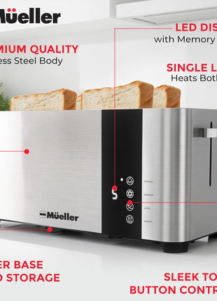 Mueller UltraToast Stainless Steel Toaster 4 Slice – Extra-Wide 1.6" Slots | For Artisan Bread, Bagels & Frozen Waffles, 6 Browning Levels, LED Display, Cancel/Defrost/Reheat, Removable Crumb Tray