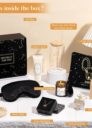 13PCS Aries Birthday Gifts for Women, Aries Zodiac Gifts for Women Baskets, Get Well Gifts for Woman Friends Female Friendship, Ari Astrological 16 oz Glass Cups with Gift Set Box