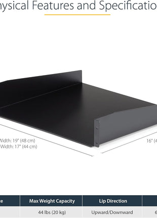 StarTech.com 2U Server Rack Shelf - Universal Rack Mount Cantilever Shelf for 19 inch Network Equipment Rack & Cabinet - Heavy Duty Steel – Weight Capacity 44lb/20kg - 16 inch Deep Tray, Black (CABSHELF)