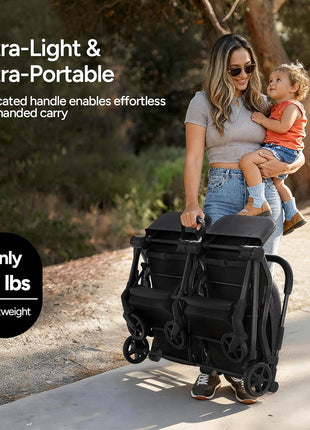 Mompush Lithe Double Stroller, Lightweight Side by Side, Infant & Toddler | 25 lbs design, 30-inch width fits doorways, one-step fold, independent recline, UPF50+ canopy, all-wheel suspension