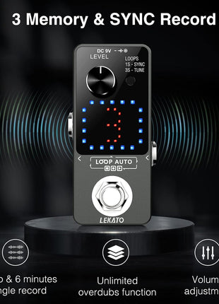 LEKATO Looper Pedal,Guitar Looper Pedal for Electric Guitar&Bass Loop Pedal with SYNC & Tuner Function Triple Effect Guitar Looper with LED Screen Unlimited Overdubs 3 Loops 18 Minutes Record Time