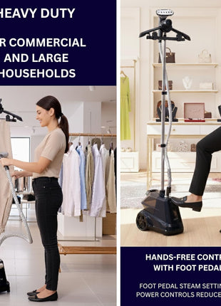 SALAV Heavy Duty Commercial Full Size Garment Steamer with Foot Pedals and Extra Large 3L (101.5 oz) Water Tank, 1800 watts of Poweful Steam (Navy)
