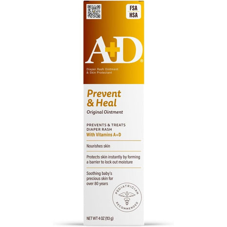 A+D Original Diaper Rash Ointment Prevents & Treats Diaper Rash, Moisturizing Skin Protectant with Vitamins A & D, Healing Skin Ointment for Dry and Cracked Skin 4oz