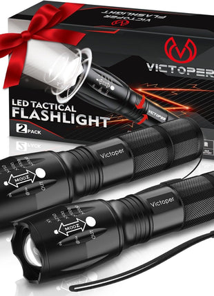 Victoper LED Flashlight 2 Pack, Bright Tactical Torch High Lumens 5 Modes, Waterproof Zoomable Flash Light for Outdoor, Birthday Gifts for Men, Dorm Room Hiking Camping Essentials Gear for Guys