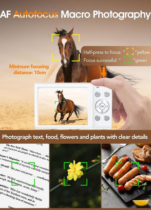 Digital Camera,Autofocus 4K Vlogging Camera for Photography with 32GB Card,48MP Portable Compact Point and Shoot Digital Camera for Teens Adult Beginner with 16X Zoom,Anti-Shake,2 Batteries(White)