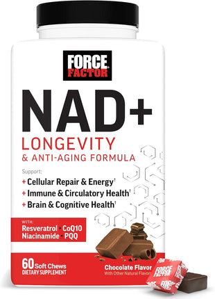 Force Factor NAD+ Longevity & Anti-Aging Formula | Support Cellular Energy & Repair with Antioxidant Support, Promote Brain & Cognitive Health, Chocolate, 60 Soft Chews