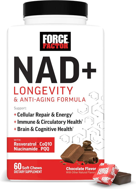 Force Factor NAD+ Longevity & Anti-Aging Formula | Support Cellular Energy & Repair with Antioxidant Support, Promote Brain & Cognitive Health, Chocolate, 60 Soft Chews