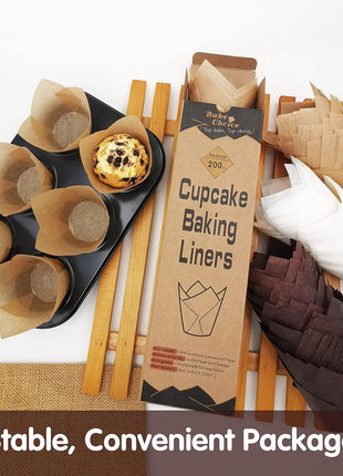 Bake Choice 200pcs Natural Tulip Cupcake Liners for Baking Muffin Liners | Unbleached European Parchment Paper, Heat-resistant, Greaseproof, Cupcake Wrapper for Party, Christmas, Gift