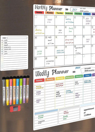 Hivillexun 3-Pack Magnetic Dry Erase Calendar Whiteboard Set for Fridge, Wall & Refrigerator Organisation – Monthly, Weekly & Daily Planners – Includes 8 Markers & Eraser