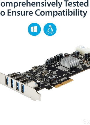 StarTech.com 4 Port USB 3.0 PCIe Card w/ 4 Dedicated 5Gbps Channels (USB 3.2 Gen 1) - UASP - SATA / LP4 Power - PCI Express Adapter Card (PEXUSB3S44V)