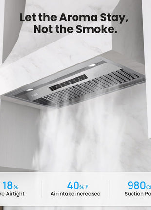 VIKIO HOME 36 Inch Range Hood Insert, 980 CFM Built-in Kitchen Vent Hood, Ducted/Ductless Convertible, Stainless Steel, Gesture & Touch Control with LED, Dishwasher-Safe Removable Filters