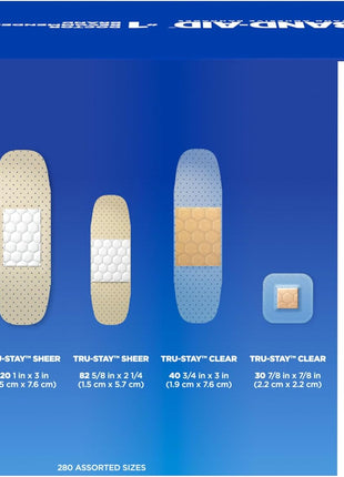 BAND-AID Brand Adhesive Bandages Family Variety Pack, Sheer & Clear Flexible Sterile Individually Wrapped Strips & Spots, First Aid Wound Care for Minor Cuts, Scrapes, Burns, 5 Sizes, 280 ct