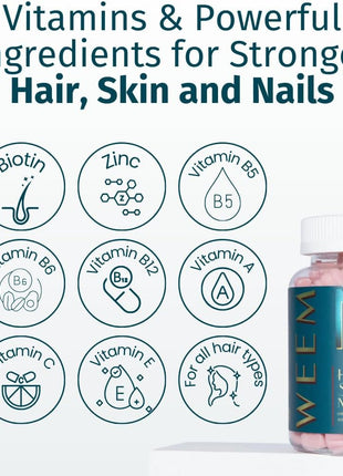 WEEM Hair Skin and Nails Gummies - Supports Healthy Hair - Vegan biotin Vitamins for Women & Men Supports Faster Hair Growth, Stronger Nails, Healthy Skin, Extra Strength (1)