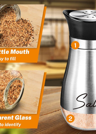Salt and Pepper Shakers - 4 oz Silver Glass Set with Stainless Steel Lids | Refillable Glass Shakers with Stainless Steel Lids for Cooking, Dining, RV Trips, Camping and BBQs; 4 oz Capacity Each.
