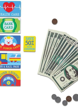Melissa & Doug Pretend-to-Spend Toy Wallet With Play Money and Cards (45 pcs), Blue - FSC Certified
