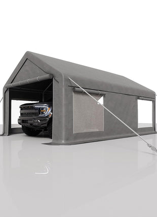 GarveeLife 12x20 Ft Carport, Car Port with 200g PE Tarp, Roll-Up Doors, and 4 Windows, for Full-Size Pickups, Bass Boats, Tractors, and SUVs, Gray